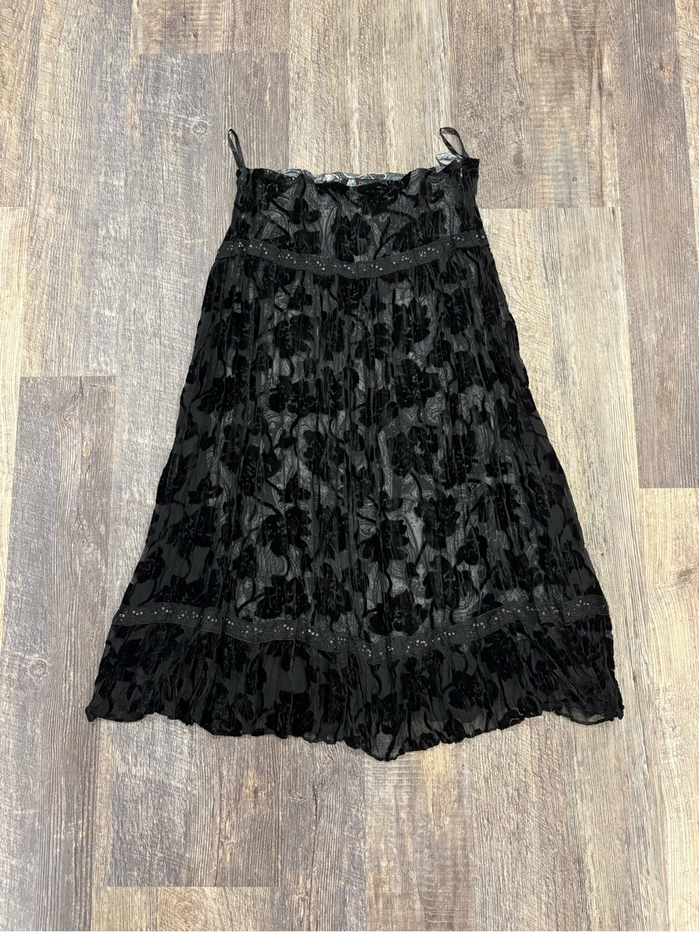 Vintage DStudio Black Floral Velvet Burnout Midi Skirt - Women's Size 12